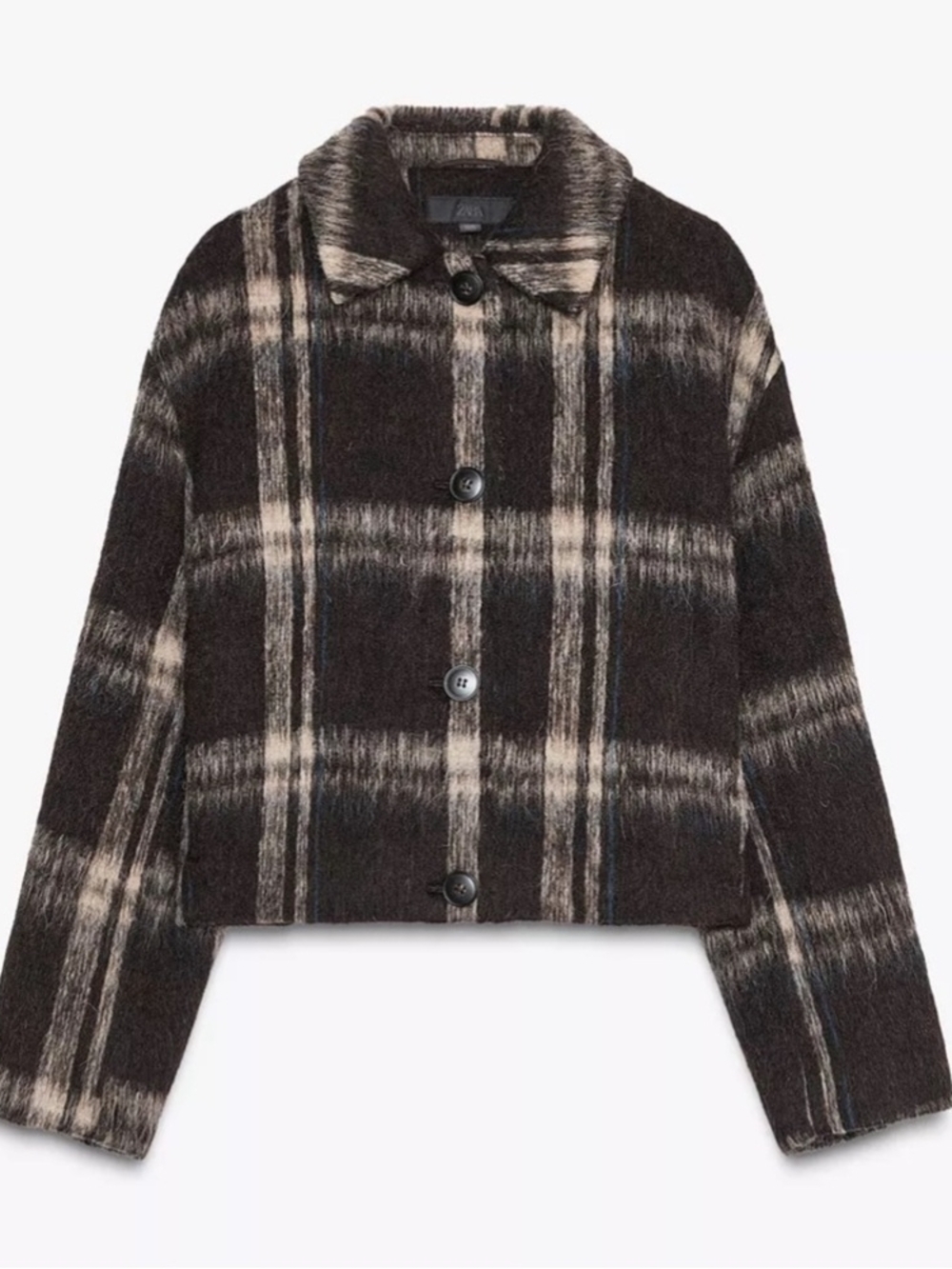 Zara Plaid Button-Front Jacket in Dark Brown and Cream